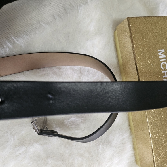 Michael Kors Black Leather Belt with Crystal MK Circle Buckle - Picture 3 of 5